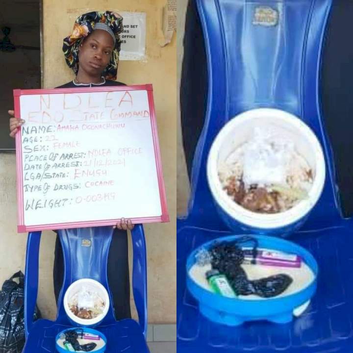 NDLEA arrests young lady attempting to smuggle Cocaine concealed in cooked food for boyfriend in Agency's custody (photo)